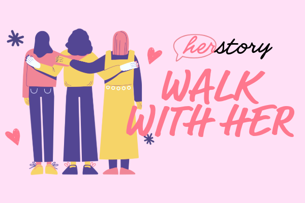 Three cartoon women with the words Walk With Her over the top