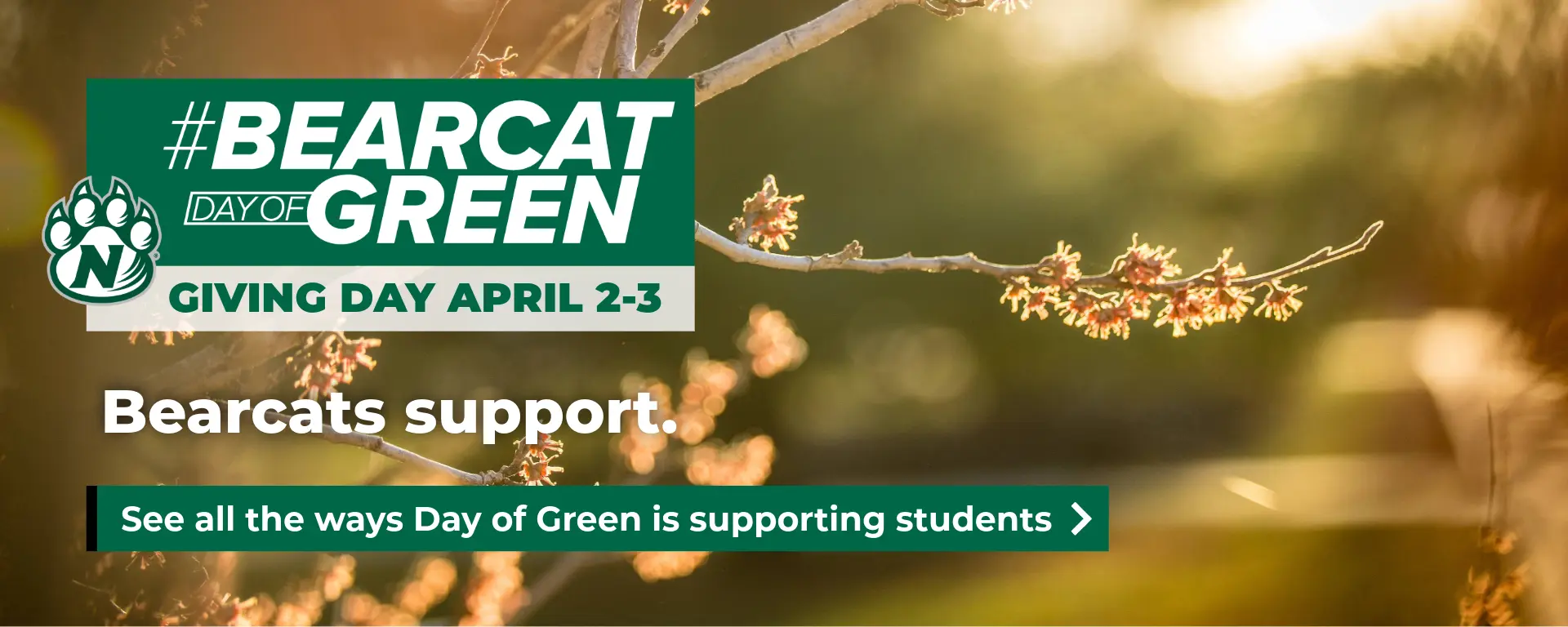 Bearcat Day of Green takes place on April 2 and 3, 2025. Northwest’s annual giving challenge lasting 1905 minutes. See all the ways Day of Green is supporting students.