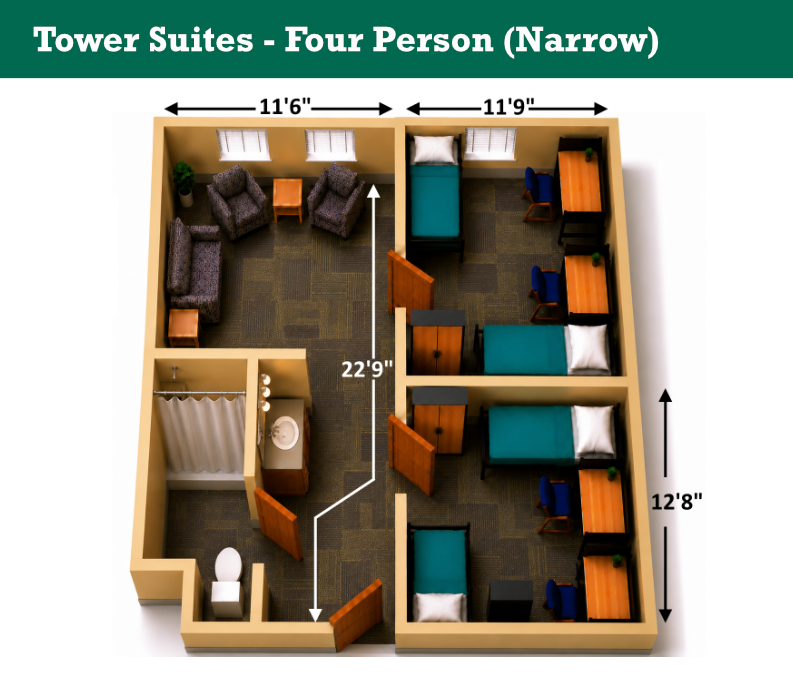 Tower Suites four person (narrow) floor plan