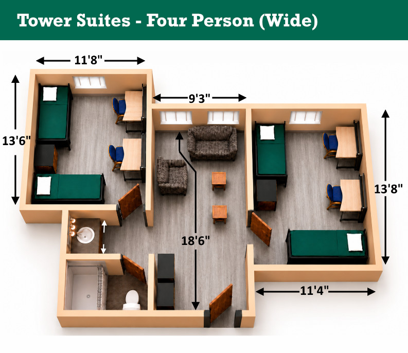 Tower Suites four person (wide) floor plan