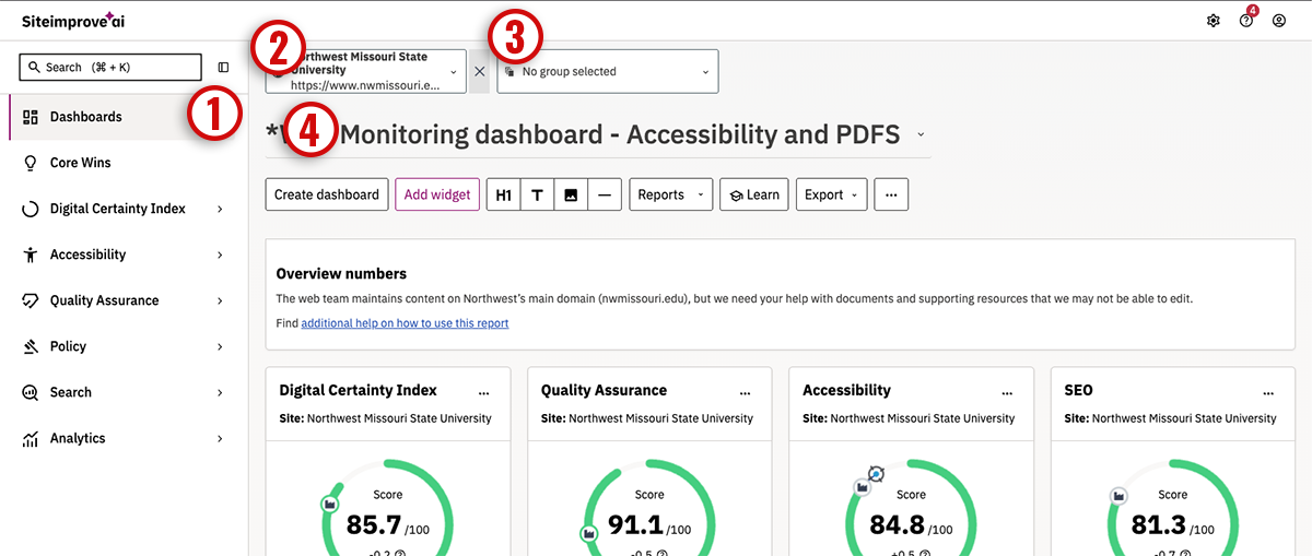 visualization for the instructions to navigate to the siteimprove dashboard described.