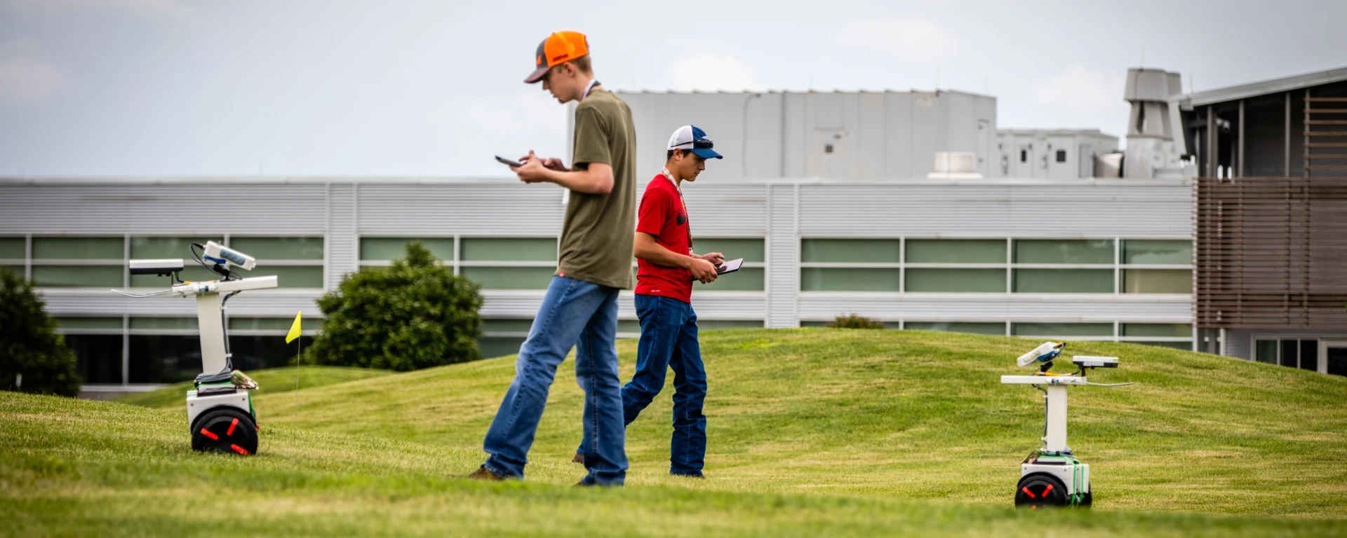 Two students lear about the importance of agricultural technology and test new technology while attending the AgriVision Equipment Group Precision Agriculture Summer Academy held at Northwest Missouri State University.