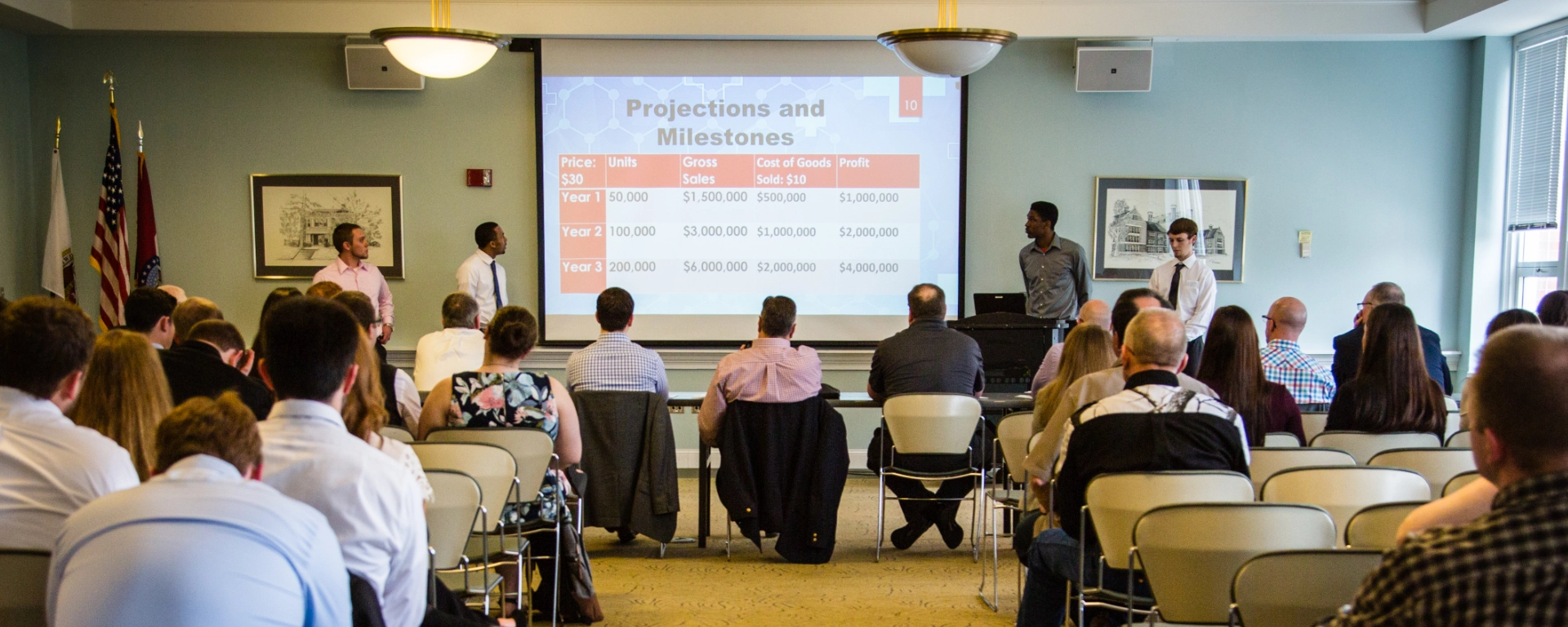 Four entrepreneurial-minded students stand before a panel of business professionals and pitch their business idea in hopes of earning some funding to help launch their start-up.