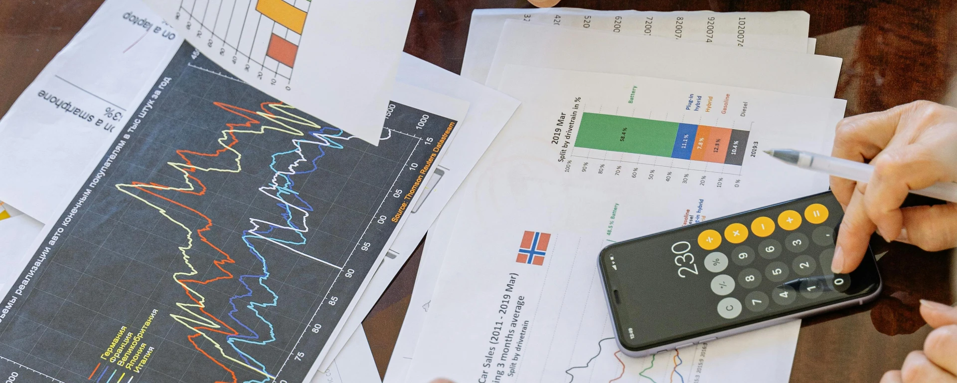 Close up of paper printouts spread across the table including line graphs and bar charts