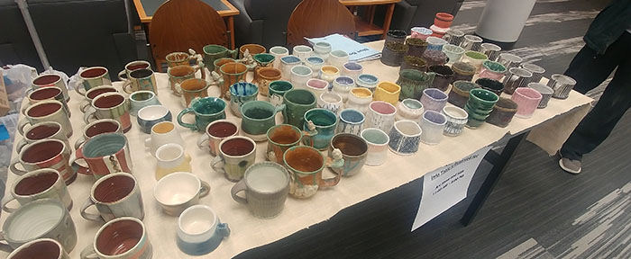 Cups created by Northwest students were displayed in the Student Union in December during the Clay Club's Empty Cups fundraiser. The event raised money for the Bearcat Food Pantry, the Maryville Ministry Center and the Clay Club. (Submitted photo) 