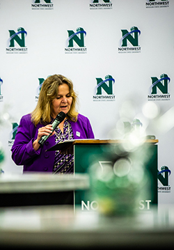 Dr. Darla Runyon, the director of Northwest's Learning and Teaching Center and an original staff member in the University's CITE office, recalls the early days of Northwest Online during the institution's anniversary celebration.