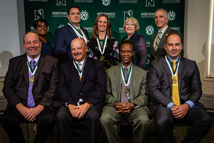 The Northwest Alumni Association is accepting nominations for its 2019 Alumni Awards. Presented each fall, last year’s recipients were (left to right, first row) Dale Wion, John Moore, Dr. Bayo Joachim, Dr. Matt Becker, (second row, second from left) Ryan Heiland, Kelly Archer Quinlin and Dr. Joyce Wake Piveral. (Northwest Missouri State University photo)