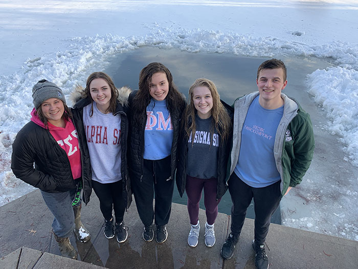 Left to right, Callie Legan, Linsey Filger, Jada VanDuyne, Taylor Felz and Spencer Gouldsmith jumped into Colden Pond Thursday to raise awareness for St. Jude Children’s Research Hospital. The group raised $829 for the hospital. (Northwest Missouri State University)
  