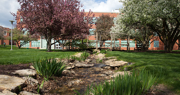 Spring colors surround Colden Pond and the Kissing Bridge on the Northwest campus, which serves as the Missouri Arboretum. Northwest celebrates Earth Day this week with a variety of activities. (Northwest Missouri State University photo)