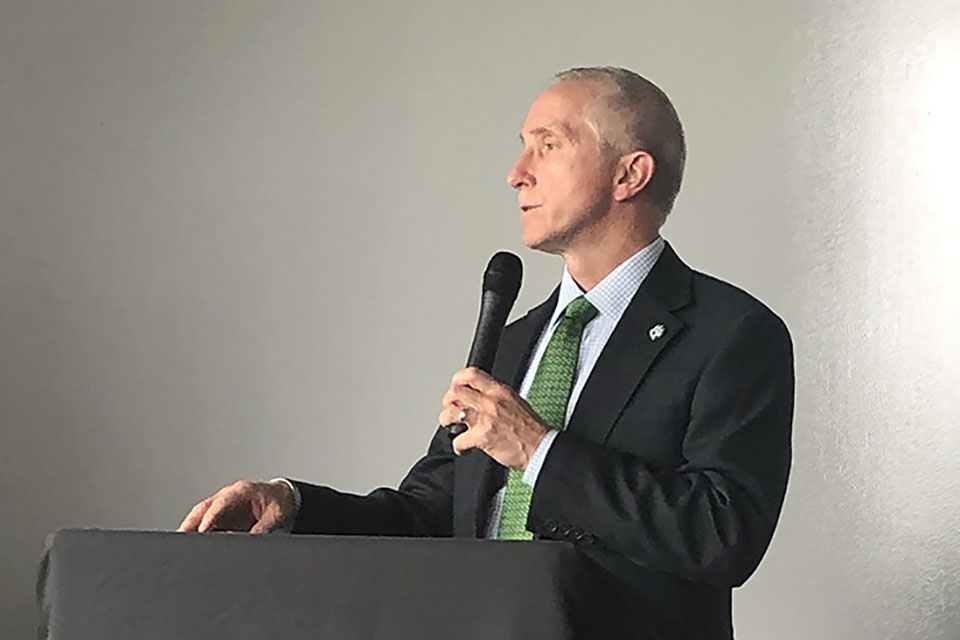 Northwest President Dr. John Jasinski addresses a gathering of higher education leaders as Northwest co-hosted the 2019 Higher Education Industry Outlook assembly May 9. (Submitted photo)
