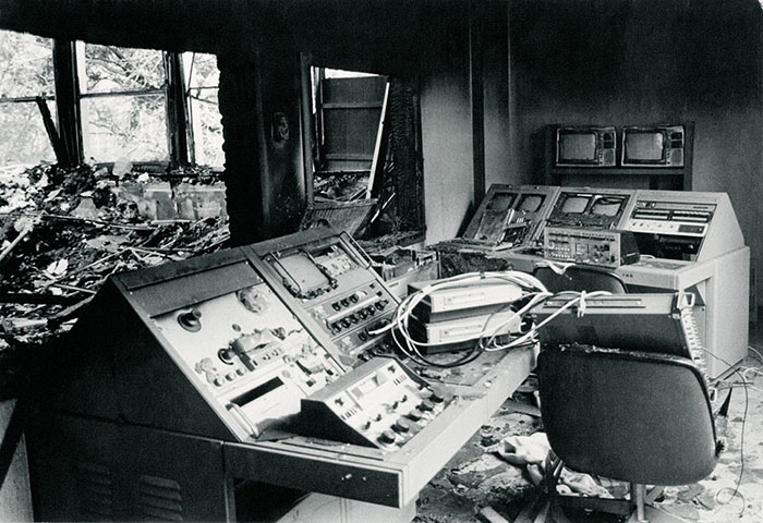 Broadcast studios occupied space in the Administration Building and their equipment was severely damaged in the fire. Broadcast programming eventually was moved to Wells Hall.