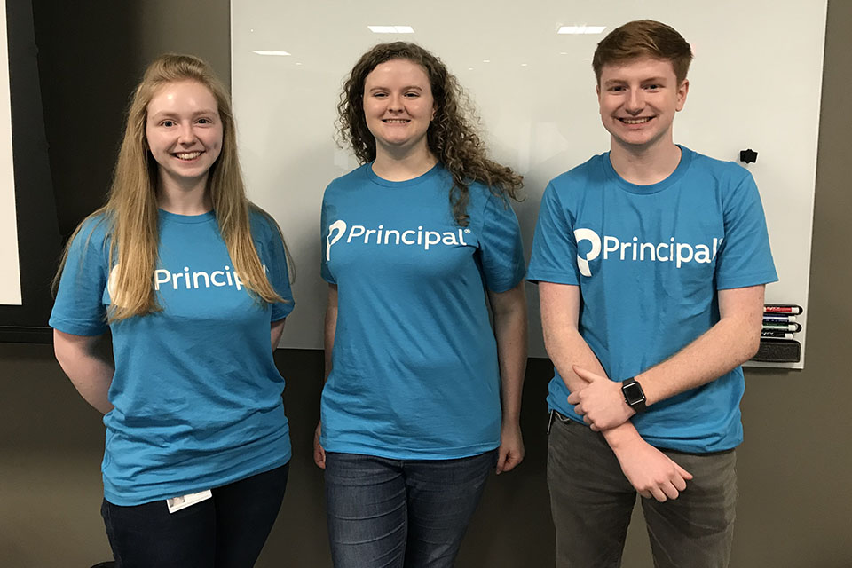 Northwest students (left to right) Brianne Bender, Adalida Lewis and Seth Bishop participated this summer in Principal Financial’s Internship Code Jam during their internship with the company. Lewis’ team took third place in the contest. (Submitted photo)

