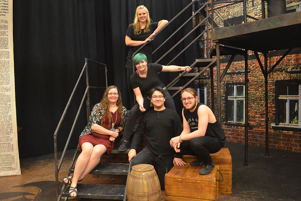 Northwest faculty member Stephanie Jorandby and found students spent their summer working with the River Campus Summer Arts Festival at Southeast Missouri State University. Pictured are Jorandby (left) with Northwest students Remy Lupo (bottom center), Patrick McGary (right), Emma Aldrich (center) and Sierra Coleman (top). (Submitted photos)