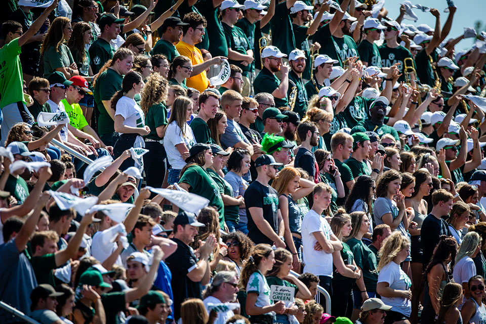 Above, Northwest students enjoy a football game at Bearcat Stadium this fall. The University has announced, based on the results of its fall census, that its total enrollment is 7,104, the third-highest in the institution's history. (Photo by Todd Weddle/Northwest Missouri State University)