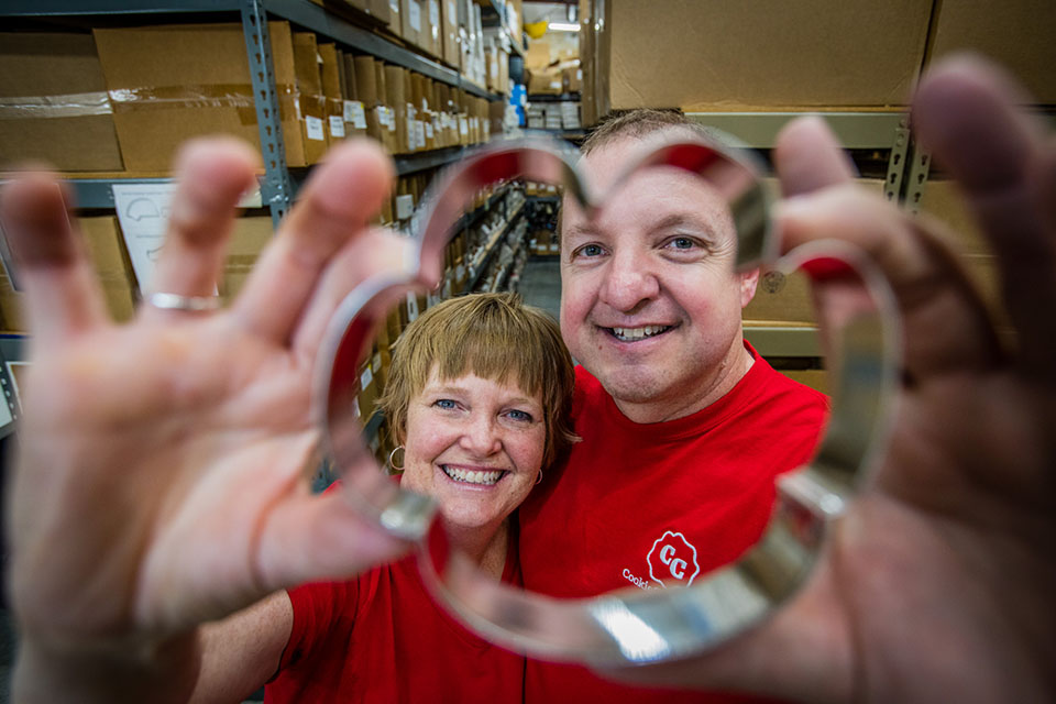 Northwest alumni Joel and Tammy King Hughes are founders and operators of cookiecutter.com, which produces 1,300 unique cookie cutters. (Photos by Todd Weddle/Northwest Missouri State University)