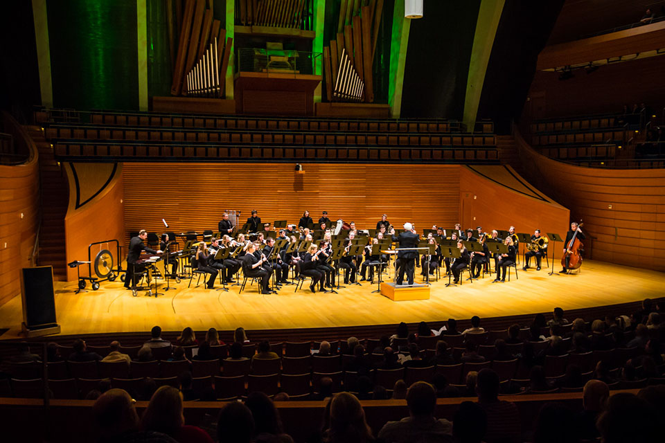 The Northwest Wind Symphony, pictured during its 2018 performance at the Kauffman Center for the Performing Arts in Kansas City, Missouri, will perform Nov. 22 at the Nebraska Music Educators Association conference. (Photo by Todd Weddle/Northwest Missouri State University) 