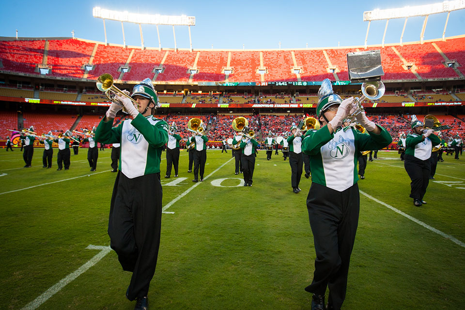 The Bearcat Marching Band performs at Arrowhead Stadium in this photo from 2016. The Kansas City Chiefs adopted the tomahawk chop after the band performed it during a Chiefs game in 1990. (Northwest Missouri State University)  