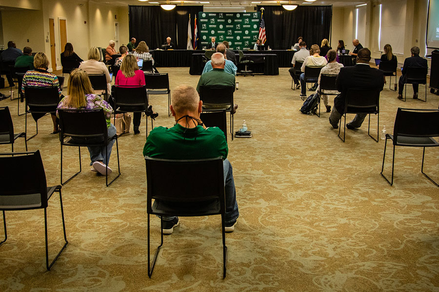 The Board of Regents convened for its regular open session Thursday in the Student Union Ballroom with COVID-19 mitigation measures in place. (Photo by Brandon Bland/Northwest Missouri State University) 