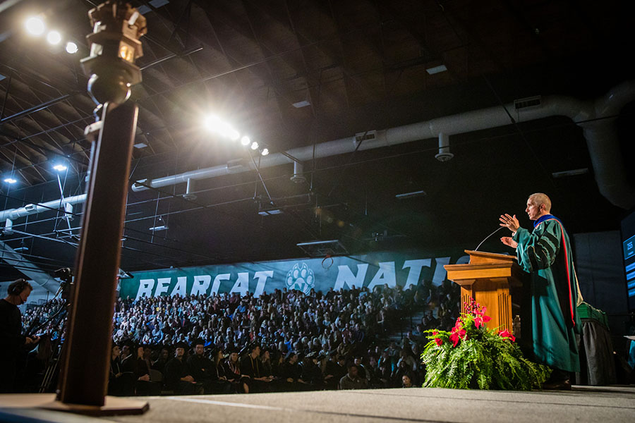 Northwest President Dr. John Jasinski addresses graduates and guests during the University's December commencement ceremony in Bearcat Arena. In alignment with COVID-19 mitigation measures, Northwest rescheduled its spring commencement ceremony for Aug. 8 and moved it outdoors to Bearcat Stadium. (Photo by Todd Weddle/Northwest Missouri State University)