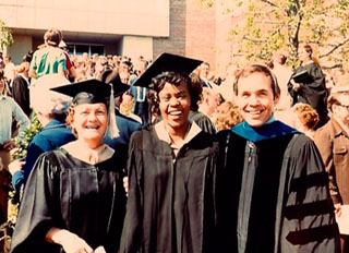 Karen Daniel poses for a photo with faculty mentors Johnie Imes (left) and Edward Browning (right) at her Northwest graduation ceremony in 1980. (Submitted photo)