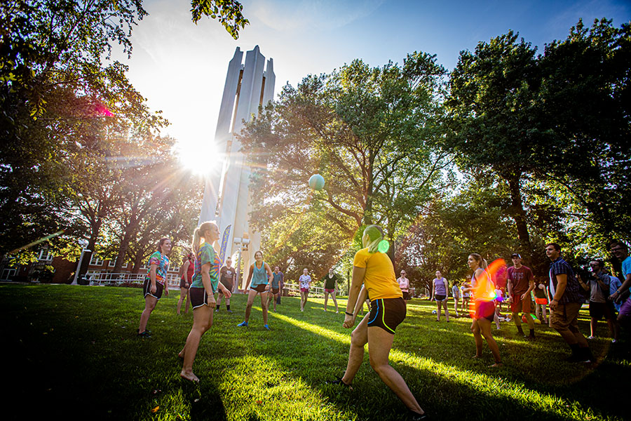 Northwest students played yard games near the Memorial Bell Tower during Advantage activities last year. First-year students will begin moving into residence halls Aug. 14 as the University kicks off its 2020 Advantage schedule. (Photo by Todd Weddle/Northwest Missouri State University)