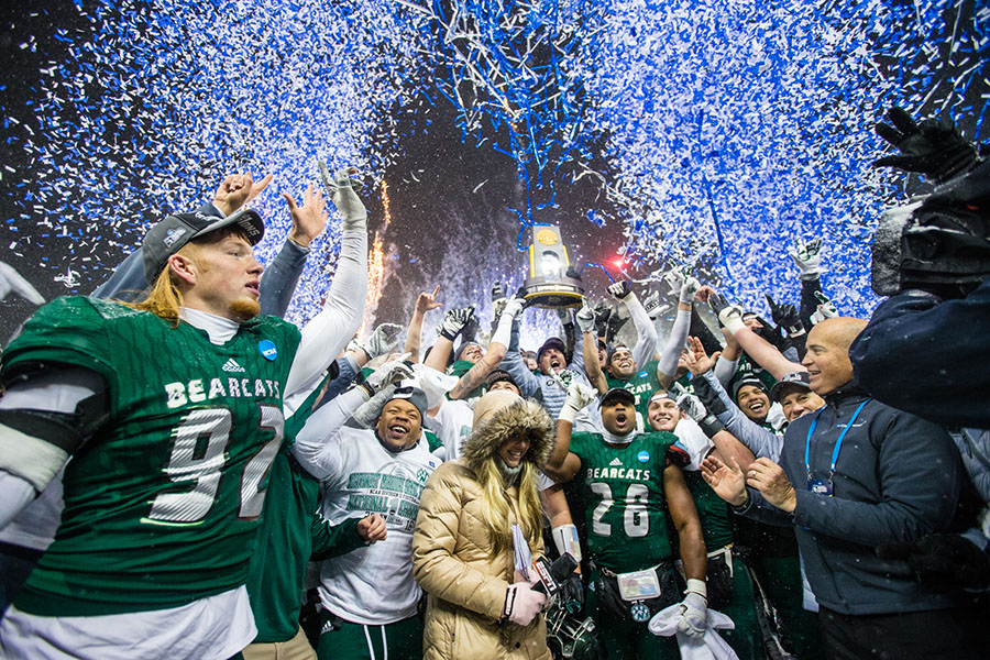 The Bearcat football team celebrated its sixth NCAA Division II national championship on Dec. 17, 2016, after a 29-3 victory over North Alabama at Children's Mercy Park in Kansas City, Kansas. KXCV-KRNW will rebroadcast the came this fall as part of its “Bearcat Classics” series. (Northwest Missouri State University photo)