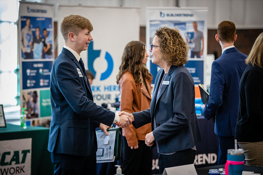 A Northwest student makes a connection with an employer during the University's spring Career Day last March. Northwest's fall Career Day is Sept. 29, and it's one of a variety of opportunities offered by Career Services. (Photos by Todd Weddle/Northwest Missouri State University)