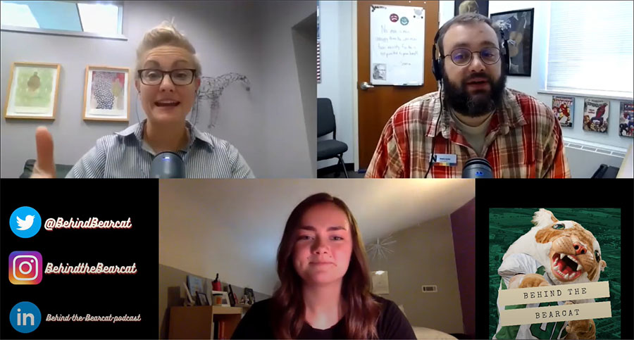Career Services staff members Hannah Christian and Travis Kline interview Northwest alumna Grace Niemeyer in this screen capture of a recent episode of the Career Services podcast "Behind the Bearcat." Christian and Kline recently launched the second season of the series.