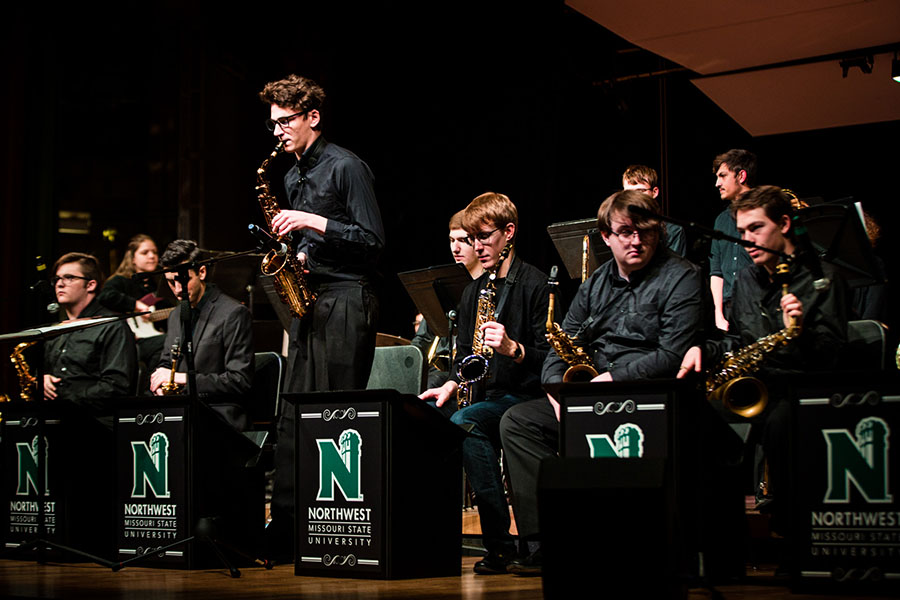 Northwest's Jazz Ensemble and Studio Jazz Ensemble, pictured above during a February 2020 concert, will perform an outdoor concert Monday at the Raymond J. Courter College Park Pavilion. (Photo by Amanda Wistuba/Northwest Missouri State University)