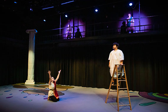 Shannon Kennedy and Jake Prater (on floor) with Vivian Nguyen and Miranda Mason (on balcony) in "Medea."