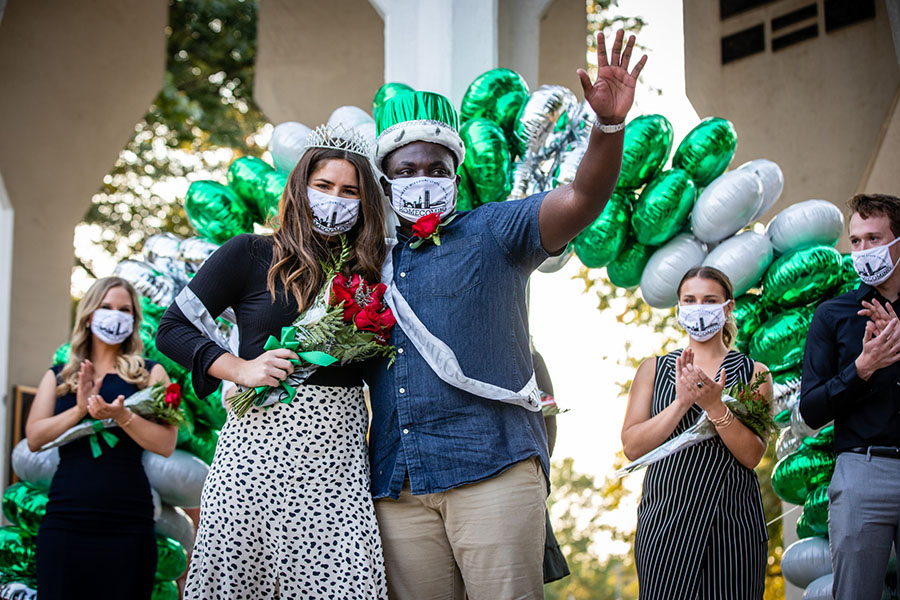 Carmen Miller and Kirayle Jones stand in front of a crowd gathered Friday afternoon at the Memorial Bell Tower after they were crowned Northwest's 2020 Homecoming queen and king. (Photo by Todd Weddle/Northwest Missouri State University)