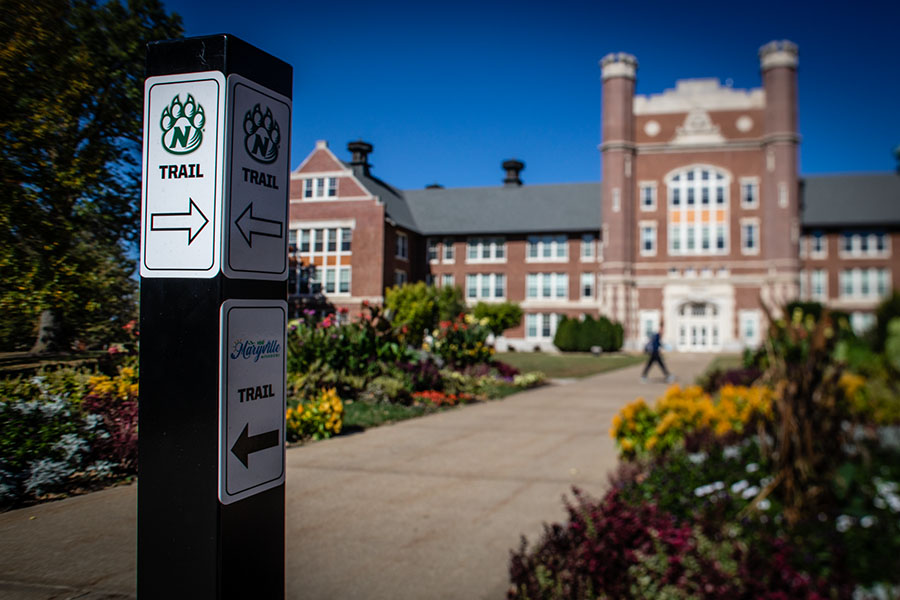 A trail marker in front of the Administration Building points the way for people traveling the Bearcat Trail on the Northwest campus. (Photos by Todd Weddle/Northwest Missouri State University)