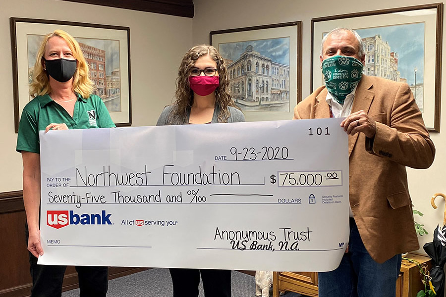 Northwest and the Northwest Foundation recently received $75,000 to benefit its Agricultural Learning Center.
Participating in the ceremonial check presentation were, left to right, Mitzi Marchant, Northwest’s director of donor engagement; Courtney Nixon, U.S. Bank’s wealth management trust advisor; and Dr. Rod Barr, director of Northwest’s School of Agricultural Sciences. (Submitted photo)