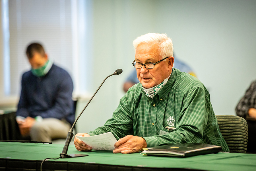 John Cline, delivered a report on Thursday afternoon to Northwest's Board of Regents regarding the Northwest Foundation's progress on its Forever Green fundraising campaign. He concluded the report with an announcement of his pledge to meet the remainder of the fundraising goal for the University's Agricultural Learning Center. (Photo by Todd Weddle/Northwest Missouri State University) 