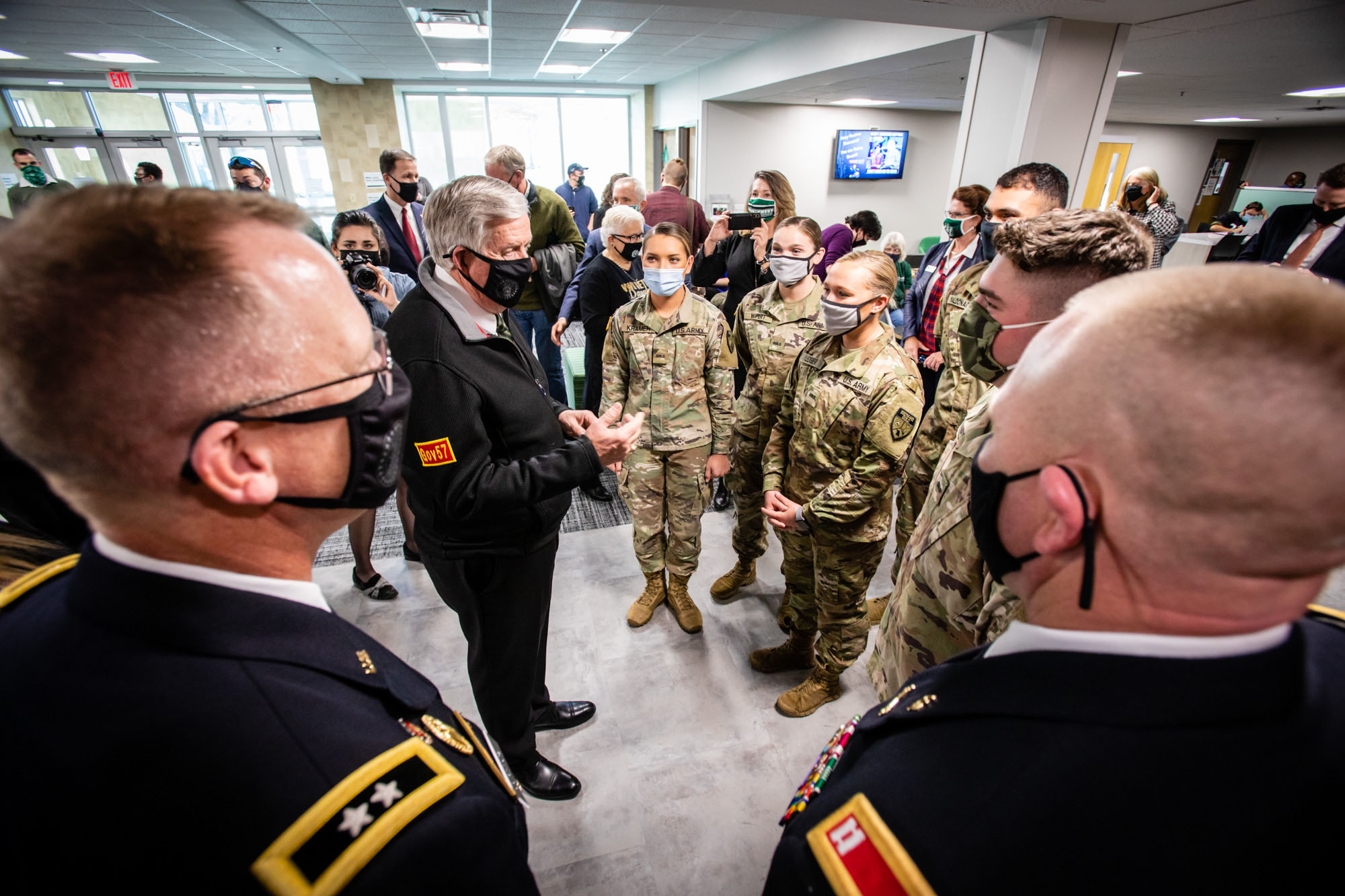 Gov. Mike Parson converses with Northwest students enrolled in the Missouri GOLD program, which provides them an opportunity to study military science while gaining valuable leadership training in preparation for becoming officers in the Missouri Army National Guard.