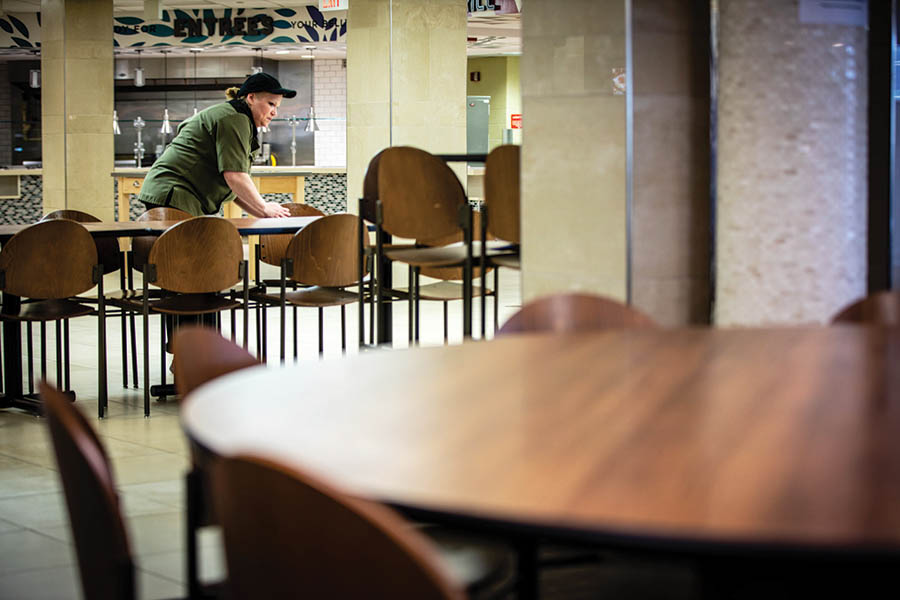 Campus Dining staff increased cleaning in March.