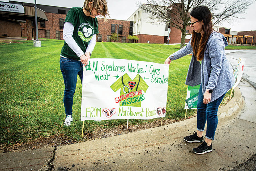 Northwest nursing faculty showed their support for local health care workers by posting a series of signs outside Mosaic Medical Center in Maryville. (Photo by Todd Weddle/Northwest Missouri State University)