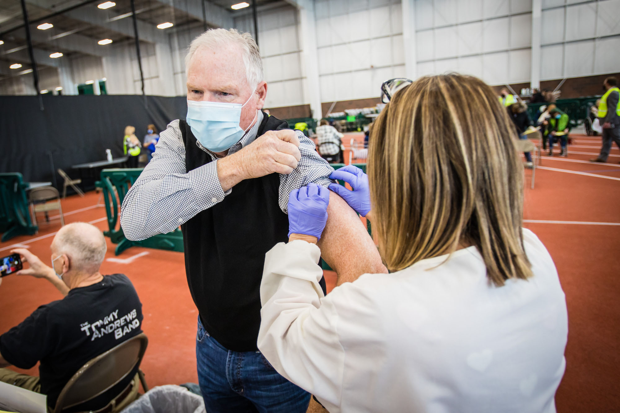 Northwest alumnus Carl Hughes received his COVID-19 vaccine during a clinic Thursday at the Hughes Fieldhouse.