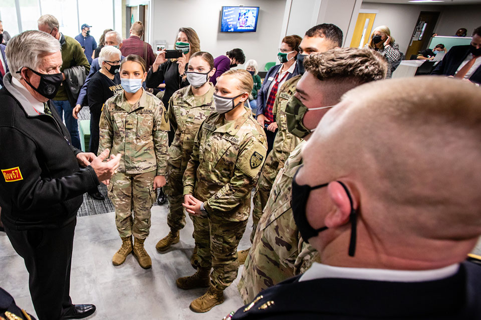 Students in Northwest's Missouri GOLD program conversed with Missouri Gov. Mike Parson on Veterans Day last November after a ribbon-cutting event to commemorate the opening of Veterans Commons in Valk Center.