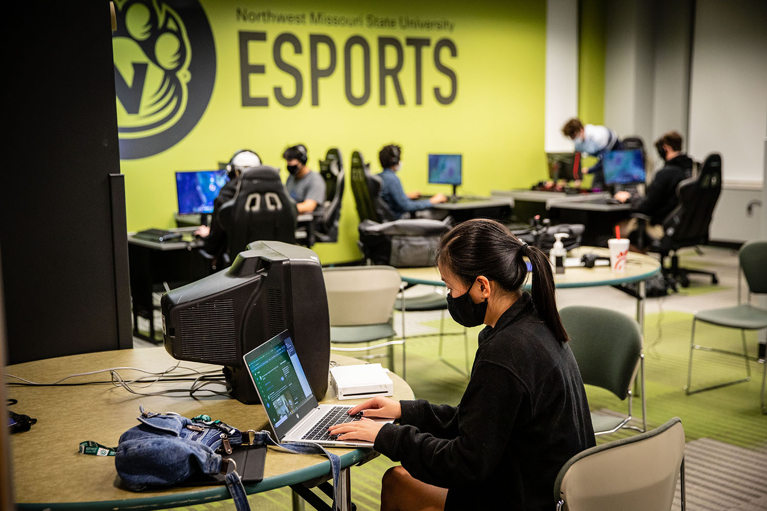 Northwest's esports room is outfitted with a variety of gaming centers and furnishings to support student engagement as well as the competitive video gaming environment.