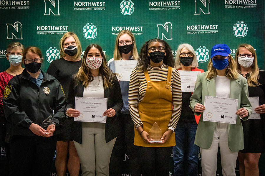 Northwest on Wednesday recognized outstanding nominees for Influential Women of Northwest. Pictured left to right in the first row are Amanda Cullin, Ashlee Hendrix, Cayla Vertreese and Rachel Adamson. In the back row are Carolyn Johnson, Stancy Bond, Annie Punt, Carol Spradling and Jill Brown. (Photo by Andrew Bowman/Northwest Missouri State University)
