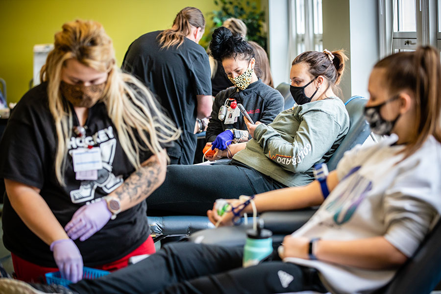 Northwest students and employees took time to donate blood during Student Senate's winter blood drive in February. The Senate is sponsoring its spring blood drive April 20-22. (Photo by Todd Weddle/Northwest Missouri State University)