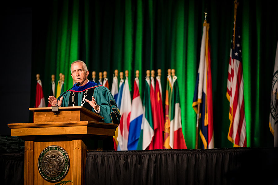 Northwest President Dr. John Jasinski addresses graduates and their families during Northwest's spring commencement ceremonies. (Photo by Todd Weddle/Northwest Missouri State University)