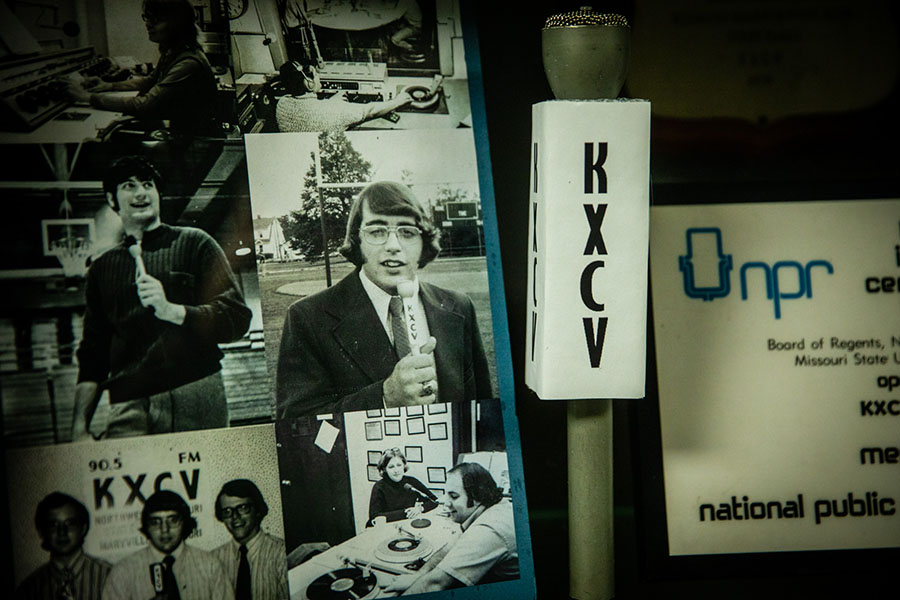 Photos and other items on display in the Warren Stucki Museum of Broadcasting in Wells Hall depict KXCV's early days.