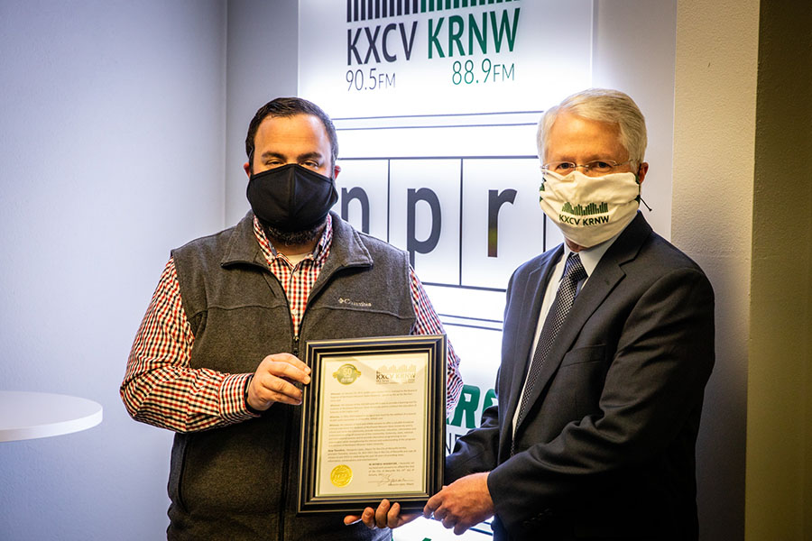 Maryville Mayor Ben Lipiec presented KXCV-KRNW Station Manager John Coffey with a proclamation in January to commemorate the anniversary of the radio station signing on the air. 