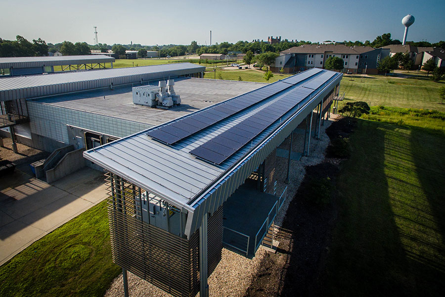 Solar panels recently installed on Dean L. Hubbard Center for Innovation and Entrepreneurship as part of a gift from Evergy Inc. are helping Northwest save energy costs. (Photo by Todd Weddle/Northwest Missouri State University) 