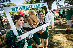 Northwest cheerleaders and Bobby Bearcat show their Northwest pride during Family Weekend activities.
