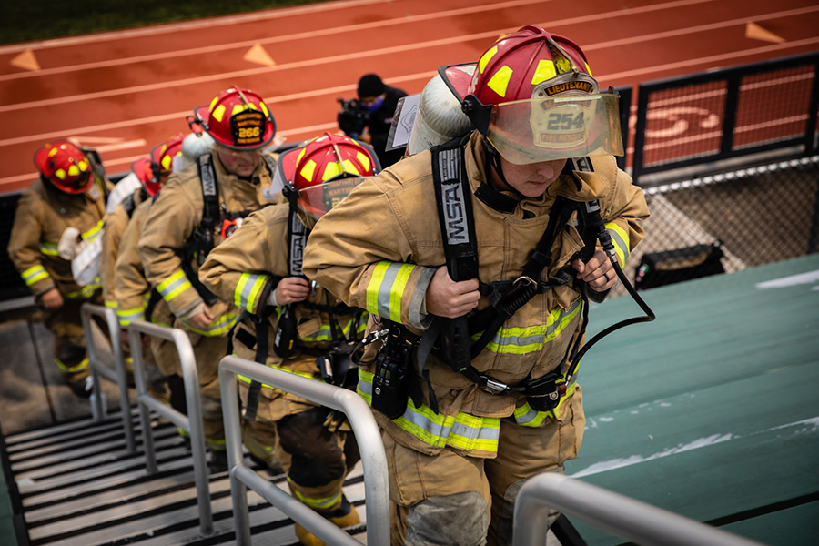 Firefighters participated in Northwest's inaugural 9/11 stair climb last year to pay tribute to those who lost their lives as a result of the attacks in 2001. Northwest will host this year's event from 7 to 10 a.m. Saturday, Sept. 11, at Bearcat Stadium. (Photos by Brandon Bland/Northwest Missouri State University)