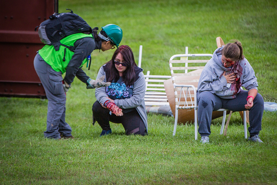 Role players awaited assistance during Northwest's Missouri Hope emergency response field training exercise in 2019. Organizers are again seeking volunteers of all ages to portray victims and bring a sense of reality to the training. (Northwest Missouri State University photo)