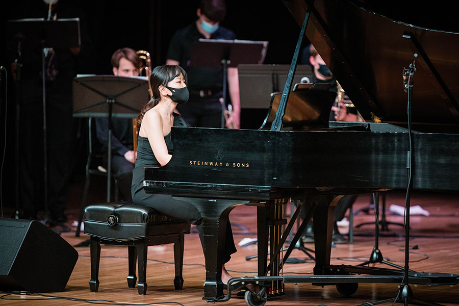 Dr. Jiwon Choi accompanies a Northwest Jazz ensemble during a recent concert. (Photo by Todd Weddle/Northwest Missouri State University)